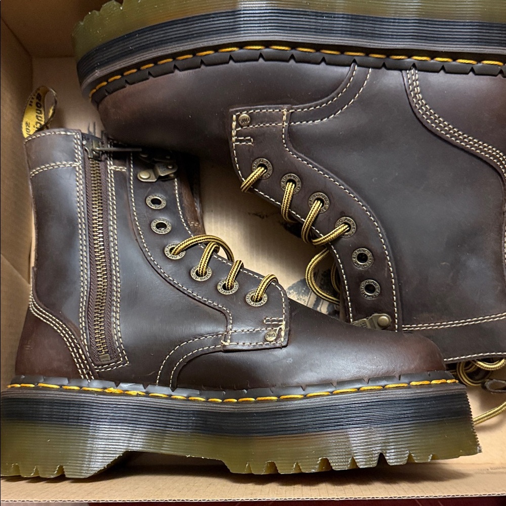 Dr. Martens Brown Leather Zip Lace-Up Combat Boots with Yellow Stitching